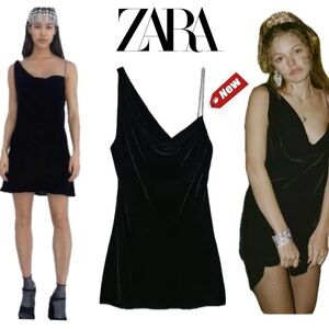 Zara black velvet chain strap mini dress Sz XS NWT